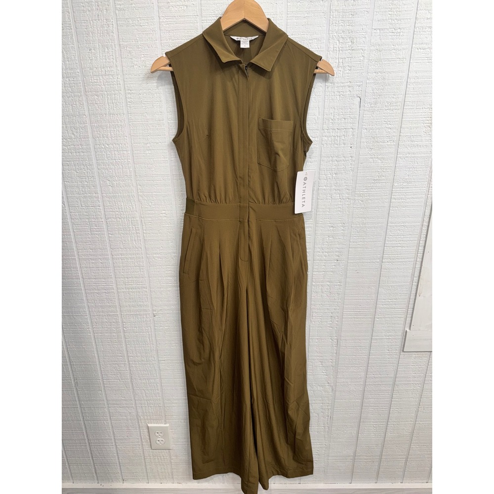 Athleta Jumpsuit Women Olive Green Sleeveless Zip Front Wide Leg Size 0 NWT